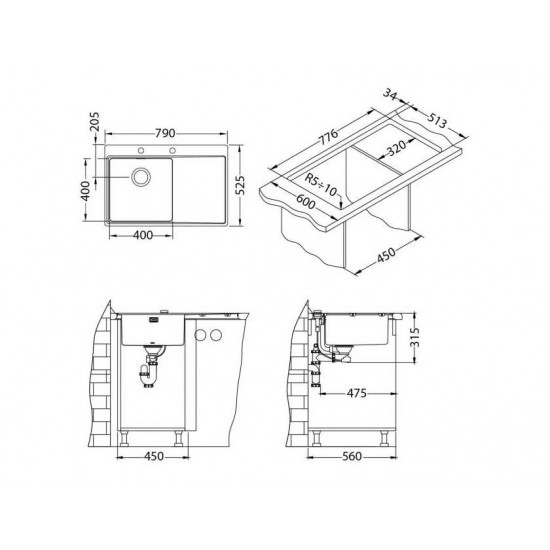 ALVEUS PURE 40L KMB-90 790X525 1X левая  нерж.сталь