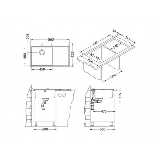 ALVEUS PURE 50L KMB-90 860X525 1X левая  нерж.сталь