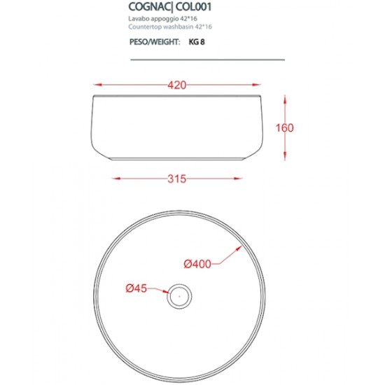 Раковина Artceram Cognac 42 см белая/platino COL001 01 57