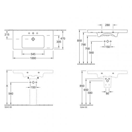 Раковина Villeroy & Boch Subway 2.0 100 см ярко-белая 7175A0R2