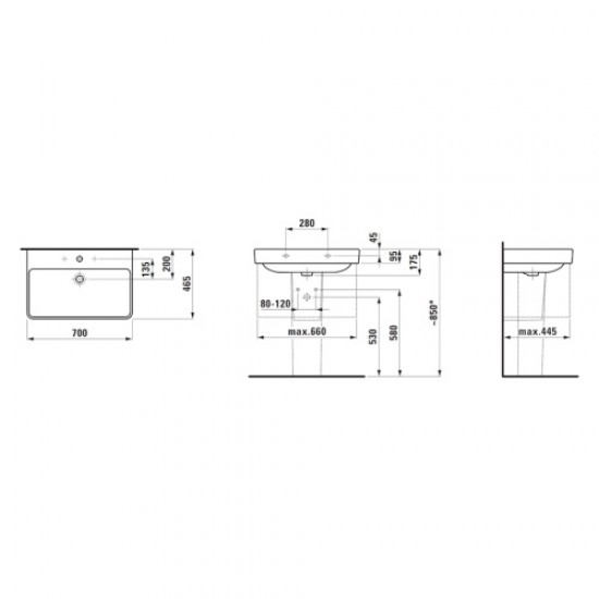 Раковина Laufen Pro S 70 см без отверстия для смесителя без отверстия перелива 8.1096.7.000.112.1