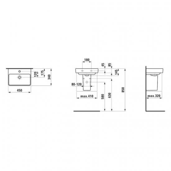 Раковина Laufen Pro S 45 см без отверстия для смесителя с отверстием перелива 8.1596.1.000.109.1