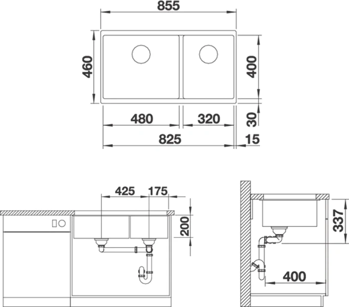 Мойка для кухни Blanco Subline 480/320-U 85.5 см черный 525993