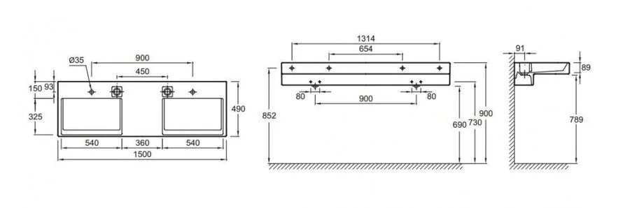 Раковина двойная Jacob Delafon Terrace 150 см с подсветкой, белая EXA9112-00