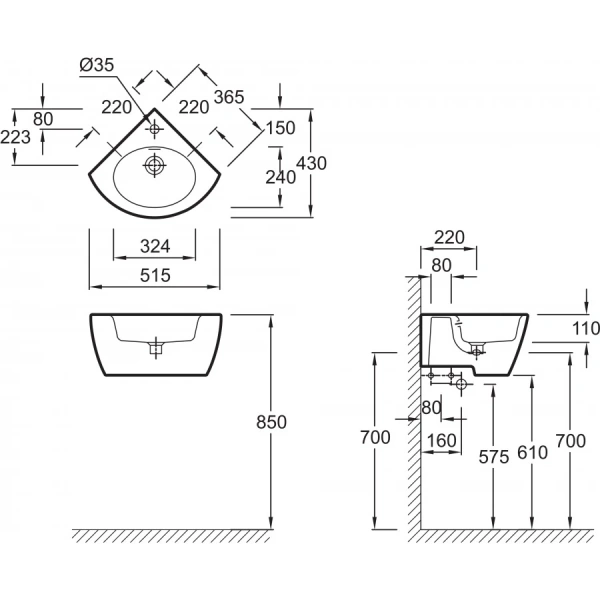 Раковина Jacob Delafon Ove 51 см угловая E1566-00