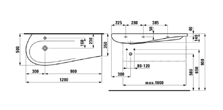 Раковина подвесная Laufen Ilbagnoalessi One 120 см полочка справа 8.1497.3.400.104.1