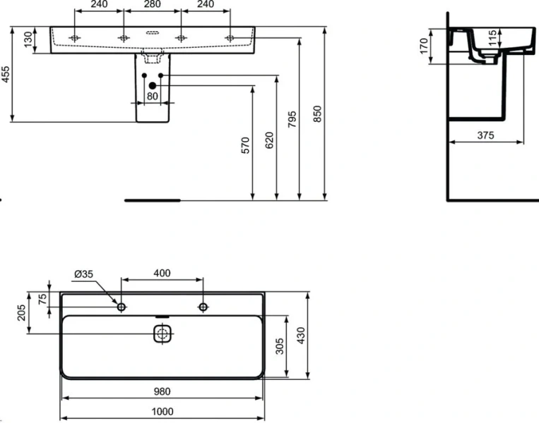 Раковина Ideal Standard Strada II 100 см с двумя отверстиями под смесители T372401