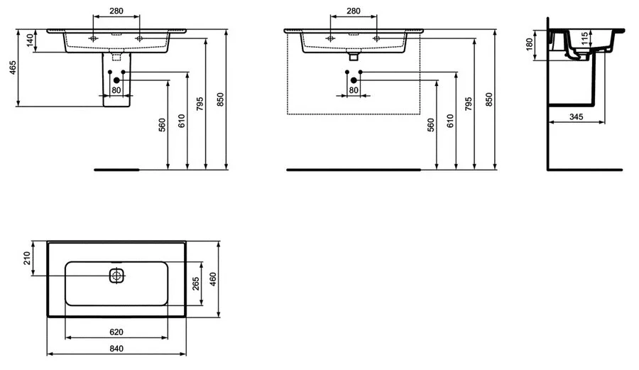 Раковина Ideal Standard Strada II 84 см без отверстия под смеситель T363401