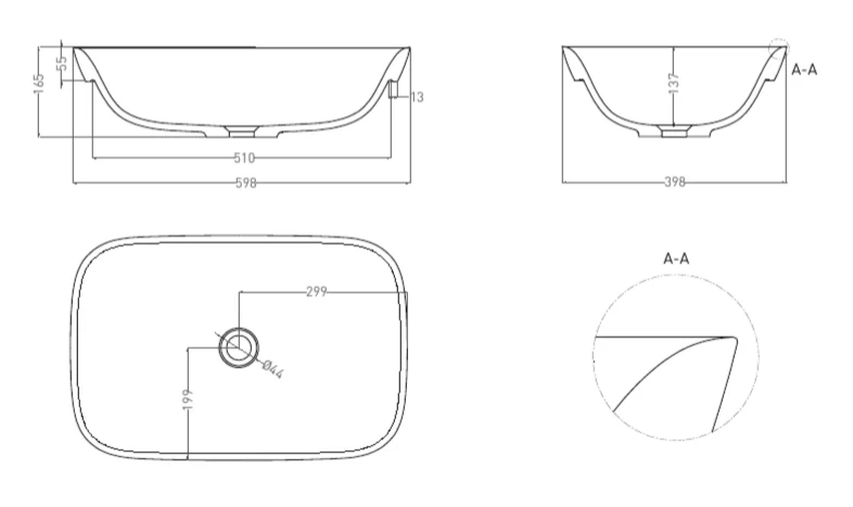 Раковина Salini Marea 02 60 см без отверстий под смеситель 1802102G