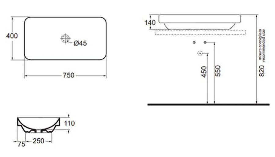 Раковина Azzurra Elegance 75 см прямоугольная ELLG075400S0BI/(ESO75 bi)*0