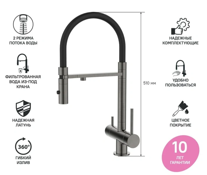 Смеситель для питьевой воды IDDIS Ace с гибким изливом графит ACEGMFFi05 Hanex