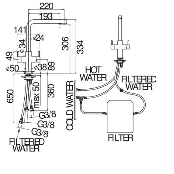Смеситель для кухни Nobili Acquerelli с подключением к фильтру AQ93823/3VCR Hanex