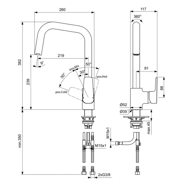 Смеситель для кухни Ideal Standard Ceraplan III с выдвижным изливом B0960AA Hanex