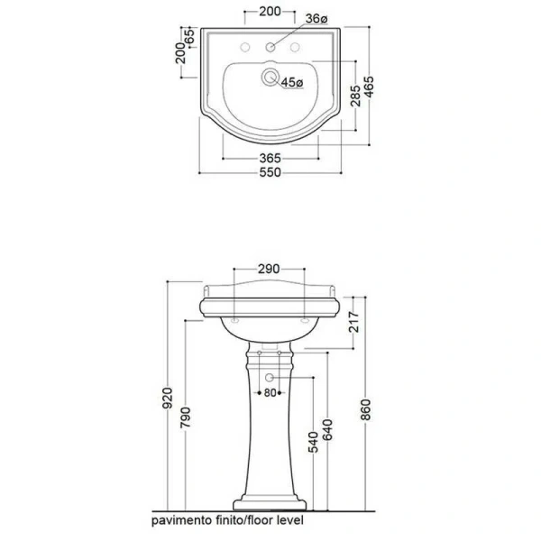 Раковина Kerasan Retro 55 см белая, с 1 отверстием под смеситель 104501*1 Hanex