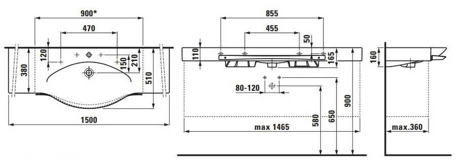 Раковина Laufen Palace 150 см подвесная, с 1 отверстием для смесителя 8.1170.6.000.104.1 Hanex