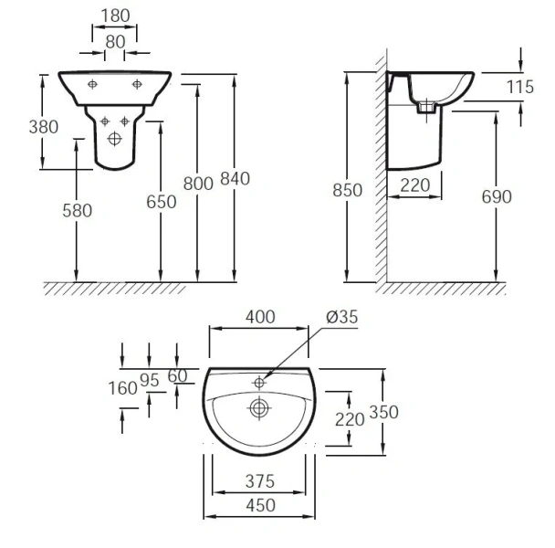 Раковина Jacob Delafon Patio 45 см подвесная E4144-00 Hanex