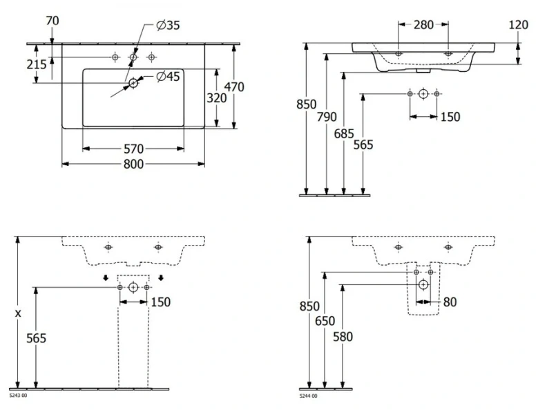 Раковина Villeroy & Boch Subway 3.0 80 см белая 4A708001 Hanex