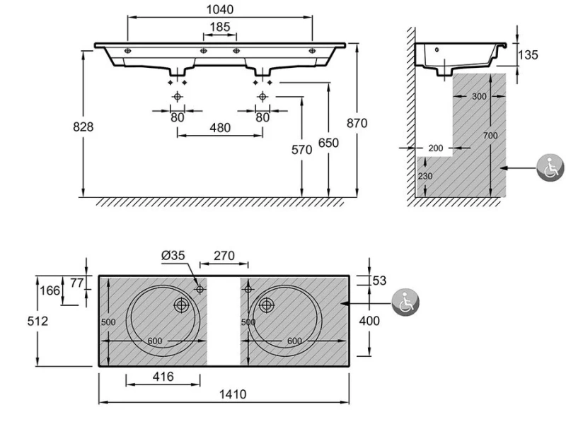 Раковина Jacob Delafon Odeon Rive Gauche 141 см с гладкой нижней поверхностью EXAS112-Z-00 Hanex