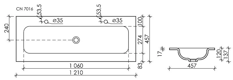 Раковина Ceramica Nova Grace 121 см с двумя отверстиями под смеситель CN7016MB Hanex