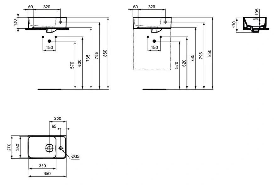 Раковина Ideal Standard Strada II T2995 45 см прямоугольная Hanex