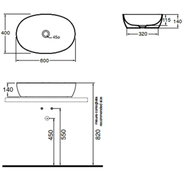 Раковина Azzurra Elegance 60 см овальная ELLA060400C0BI/(ECI60 bi*0)