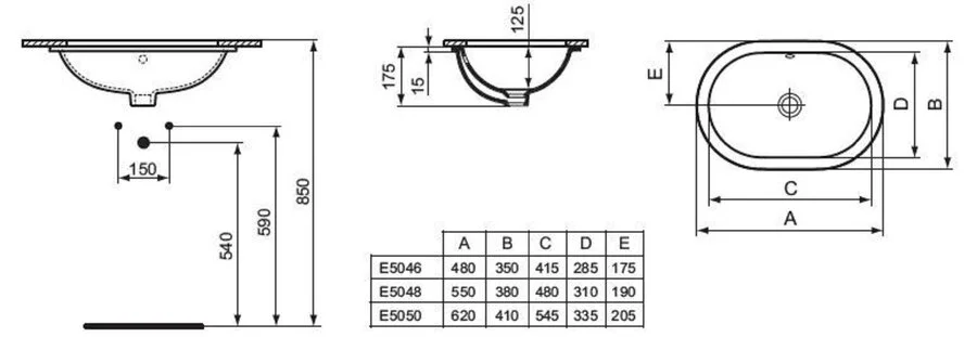 Раковина Ideal Standard Connect 62 см овальная, встраиваемая под столешницу E505001