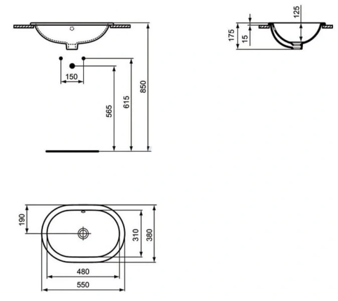 Раковина Ideal Standard Connect 55 см встраиваемая, без отверстия для смесителя E504701