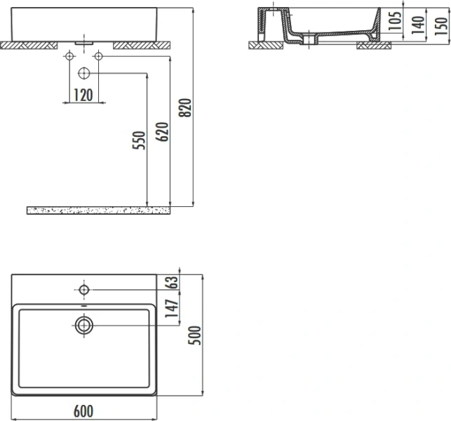 Раковина Creavit Volga 60 см прямоугольная VX260-00CB00E-0000