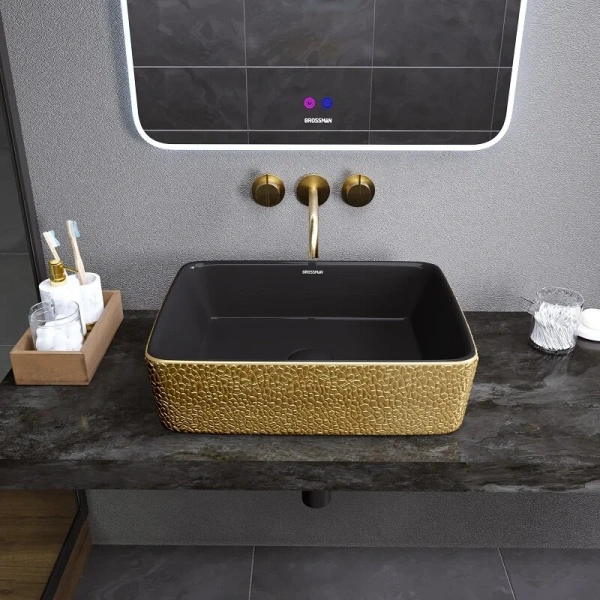 Раковина Grossman Color 48 см золото/черная с текстурой кожи GR-3016GBL