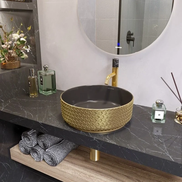 Раковина Grossman Color 35.5 см золото/черная с геометричной текстурой GR-5010GBR