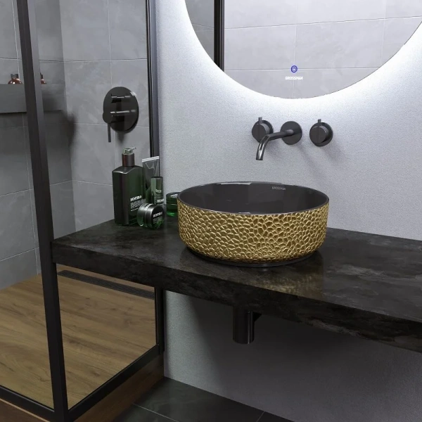 Раковина Grossman Color 35.5 см золото/черная с текстурой кожи GR-5010GBL