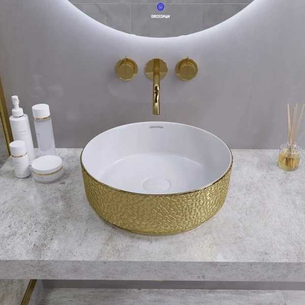 Раковина Grossman Color 35.5 см золото/белая с текстурой кожи GR-5010GWL