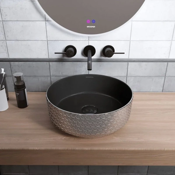 Раковина Grossman Color 35.5 см серебро/черная с геометричной текстурой GR-5010SBR