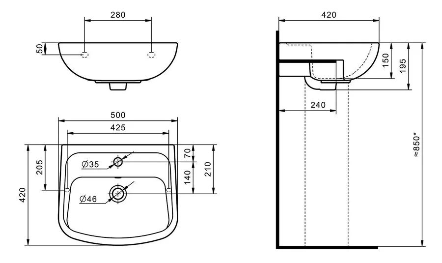 Раковина Santek Лонги 50 см 1 отверстие под смеситель 1.WH50.1.754